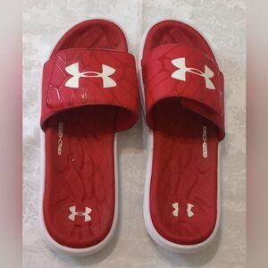 Under Armour Red and White Slide Sandals
